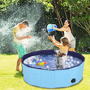 Children playing with a blue inflatable pool outdoors on a sunny day at Pet Servo