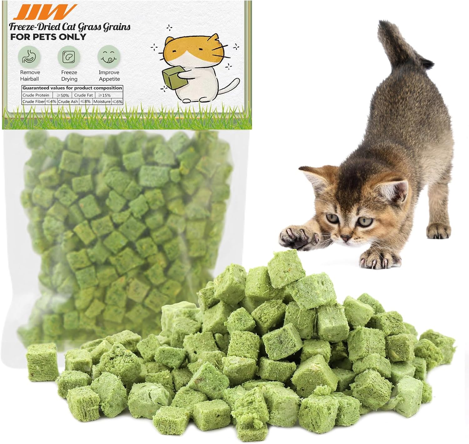 Bag of freeze-dried cat grass grains with a kitten interacting with the product at Pet Servo