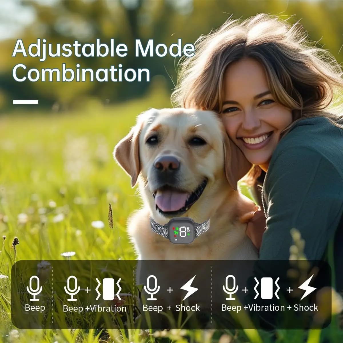 Woman with a dog in a grassy field, featuring adjustable mode combination text and icons at Pet Servo