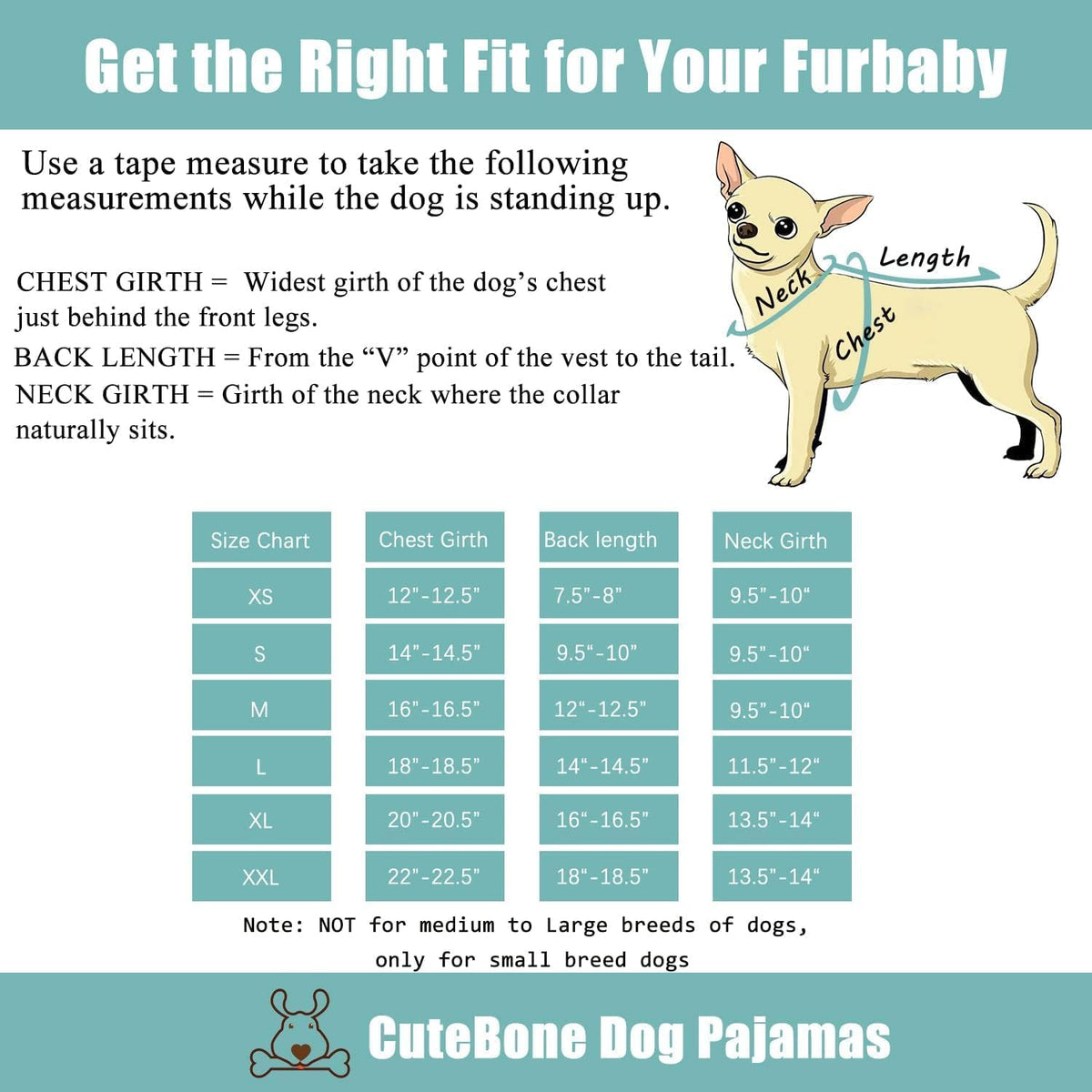 Measurement chart for dog pajamas with a cartoon dog and size chart on a light blue background at Pet Servo