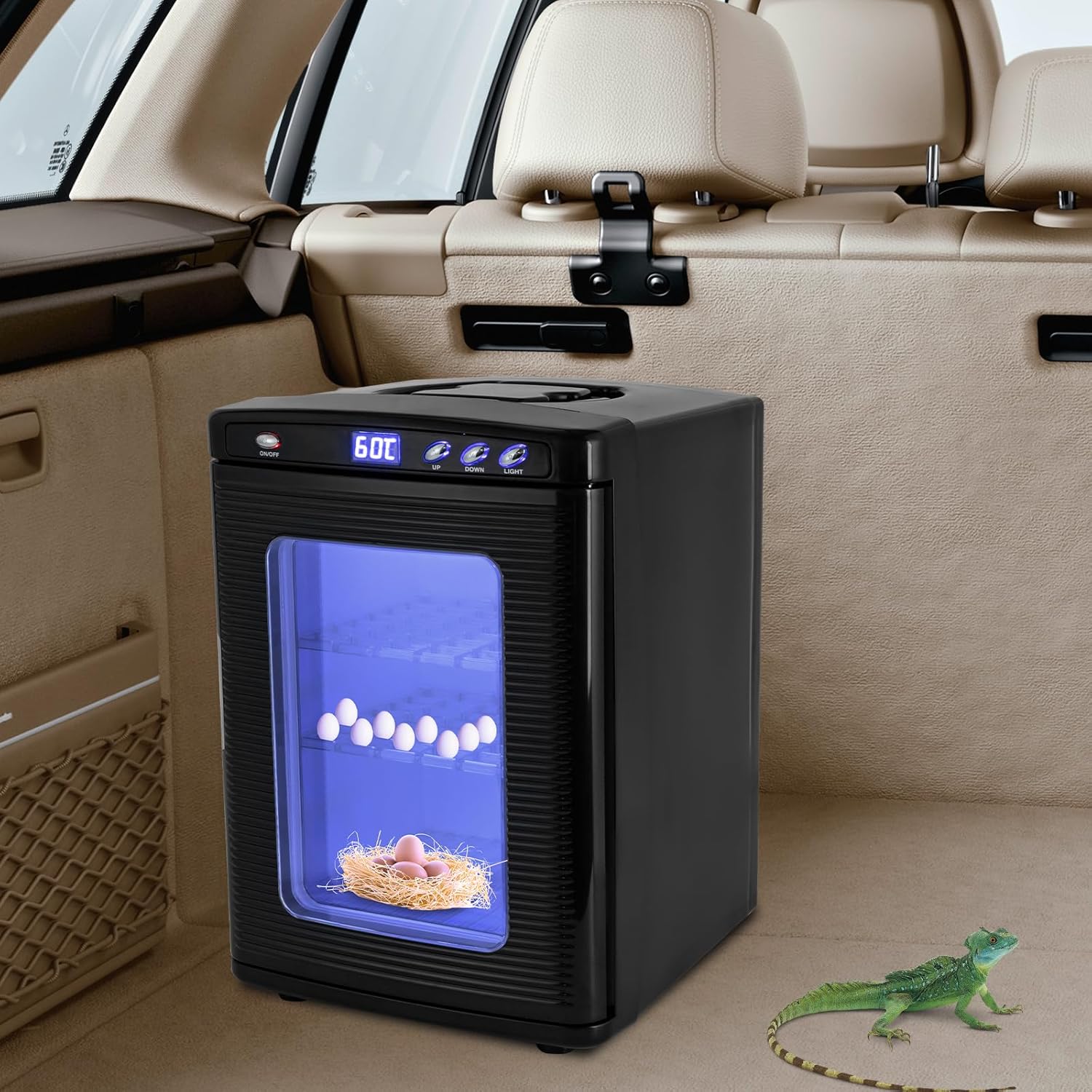 A black egg incubator with a blue illuminated viewing door sits inside the beige cargo area of a car. White eggs and a nest are visible inside, and a small green lizard toy is on the floor nearby.