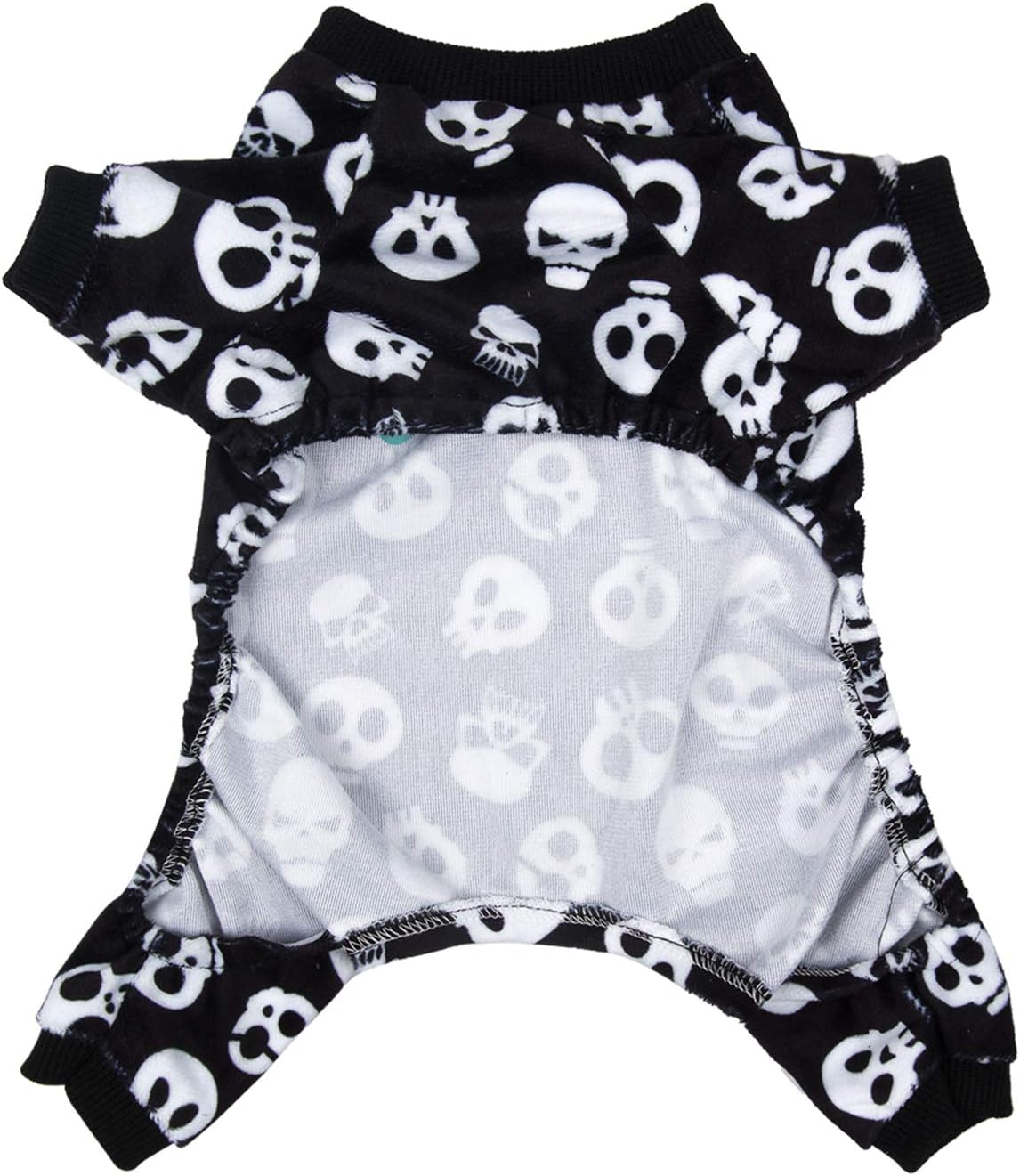 A small pet jumpsuit or romper with a black and white skull pattern on the exterior and a light gray interior with a white skull print at Pet Servo