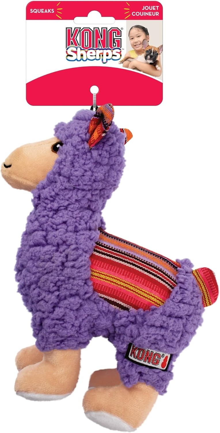 Purple llama-shaped toy with colorful details on a white background at Pet Servo