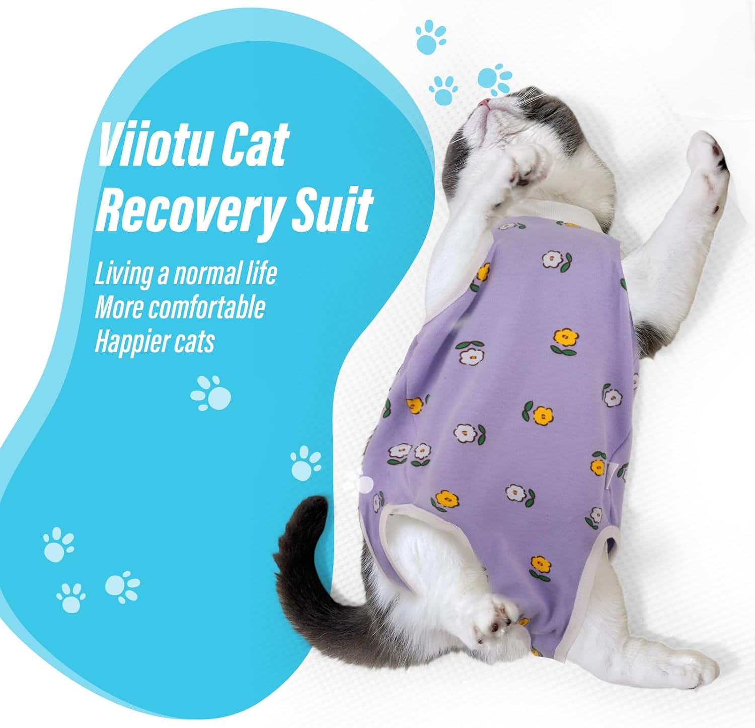 Cat wearing a purple recovery suit with text about the product on a white background at Pet Servo