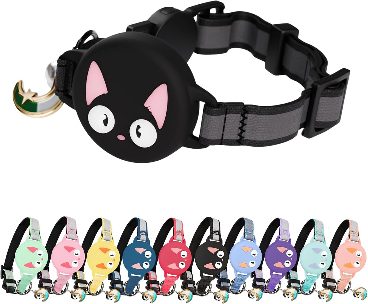 Cat collar with cartoon design and colorful options below on a white background at Pet Servo
