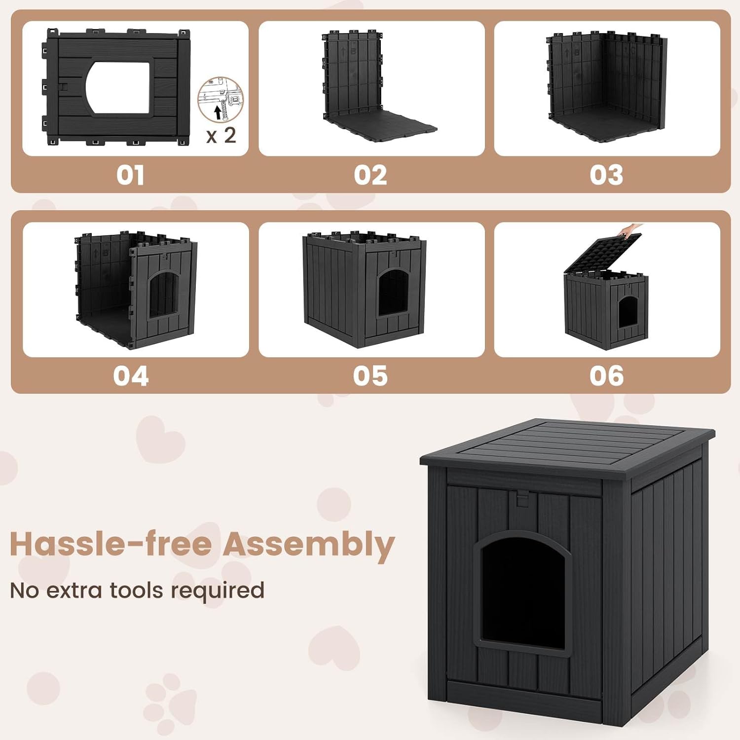 Step-by-step assembly guide for a black pet house with final product display at Pet Servo