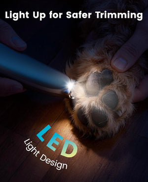 Dog paw being examined with a flashlight, emphasizing LED light design for safer trimming at Pet Servo