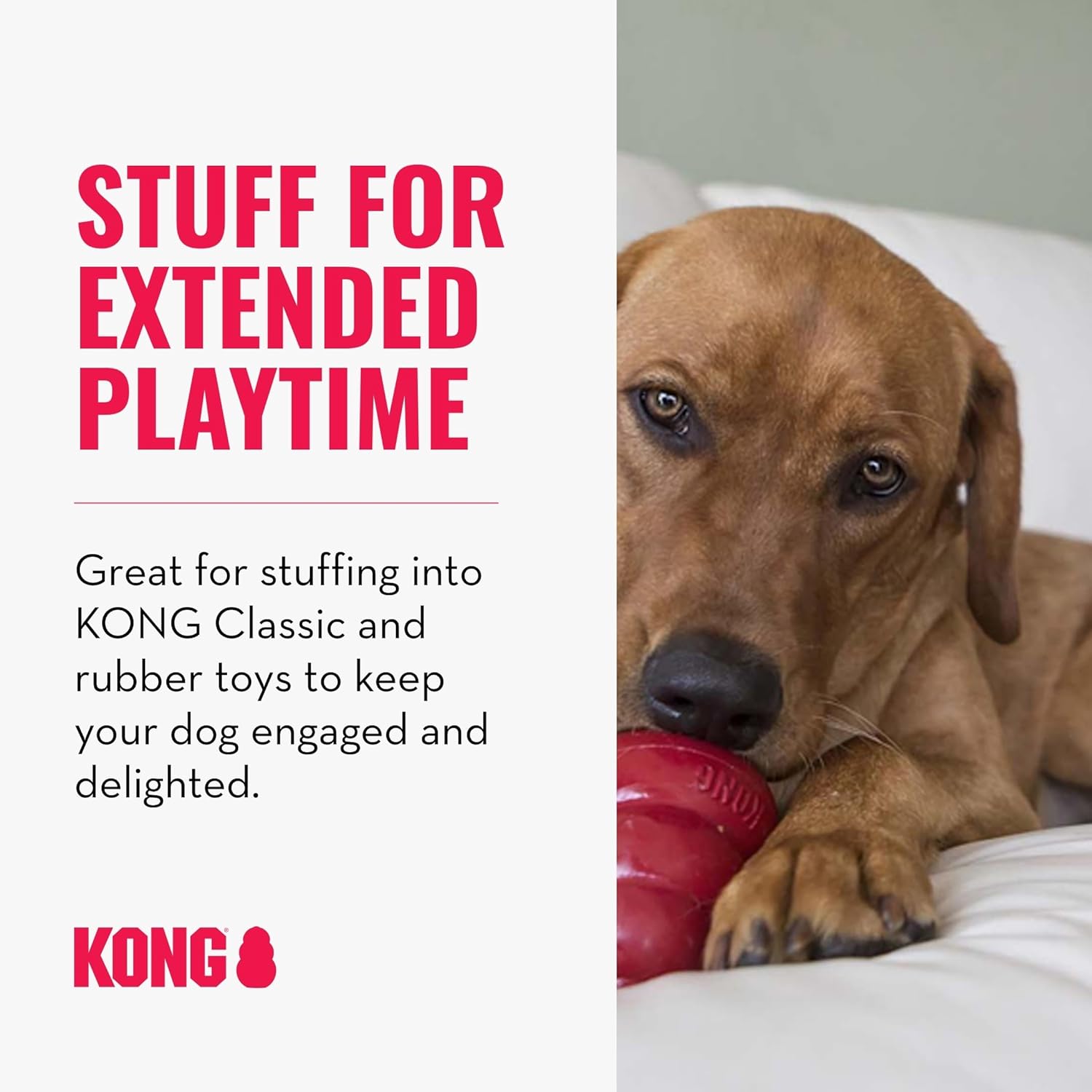 A brown dog lying on a white surface while chewing a red Kong toy. The left side has promotional text reading 'STUFF FOR EXTENDED PLAYTIME' and 'Great for stuffing into KONG Classic and rubber toys to keep your dog engaged and delighted at Pet Servo