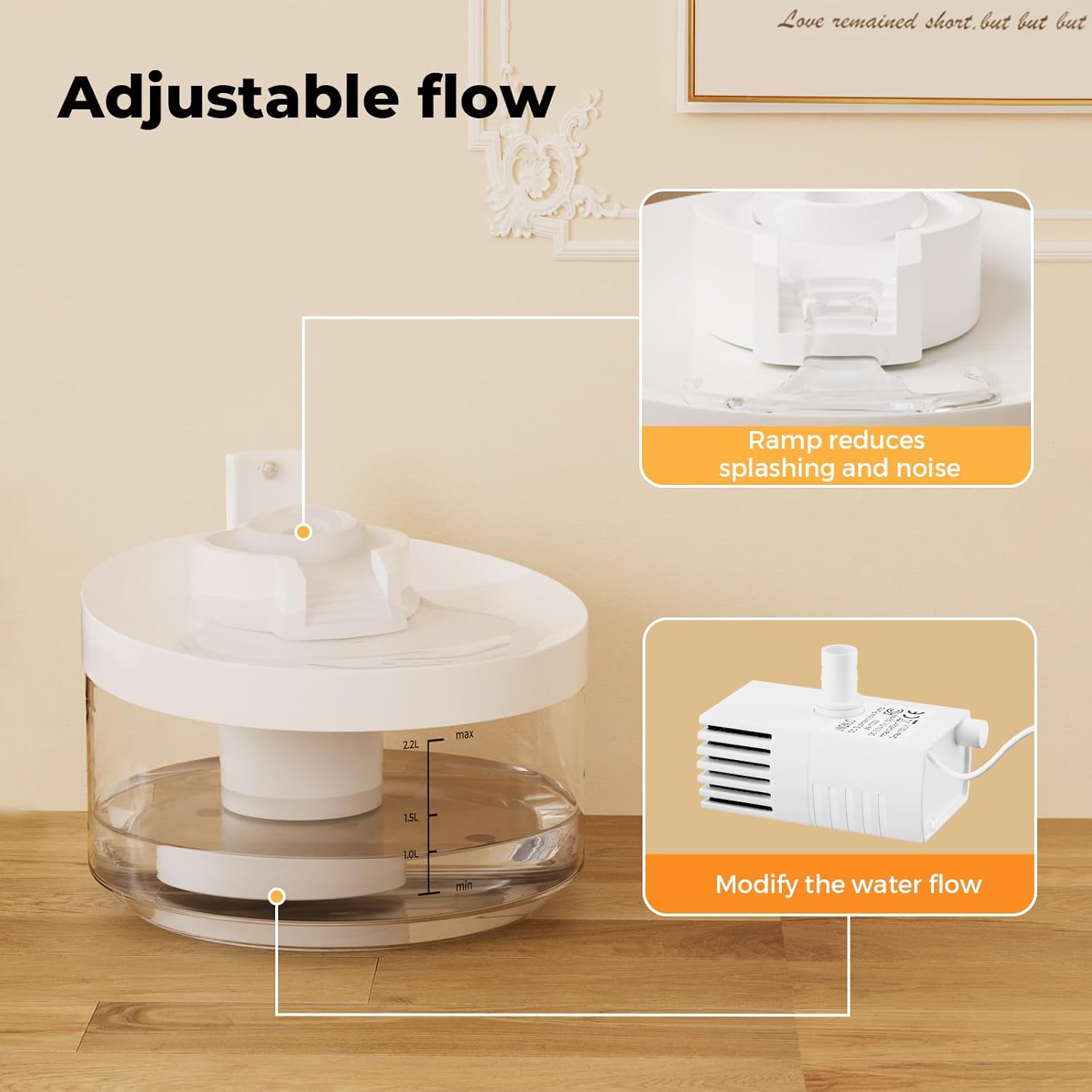 Adjustable flow water fountain with a clear cylindrical base, white top lid, and visible flow-control diagram callouts on a beige wall and wood floor. Two inset boxes show close-ups of the pump and flow ramp with text labels at Pet Servo