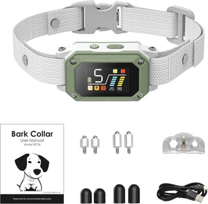 Dog bark collar with digital display, user manual, and accessories on a white background at Pet Servo