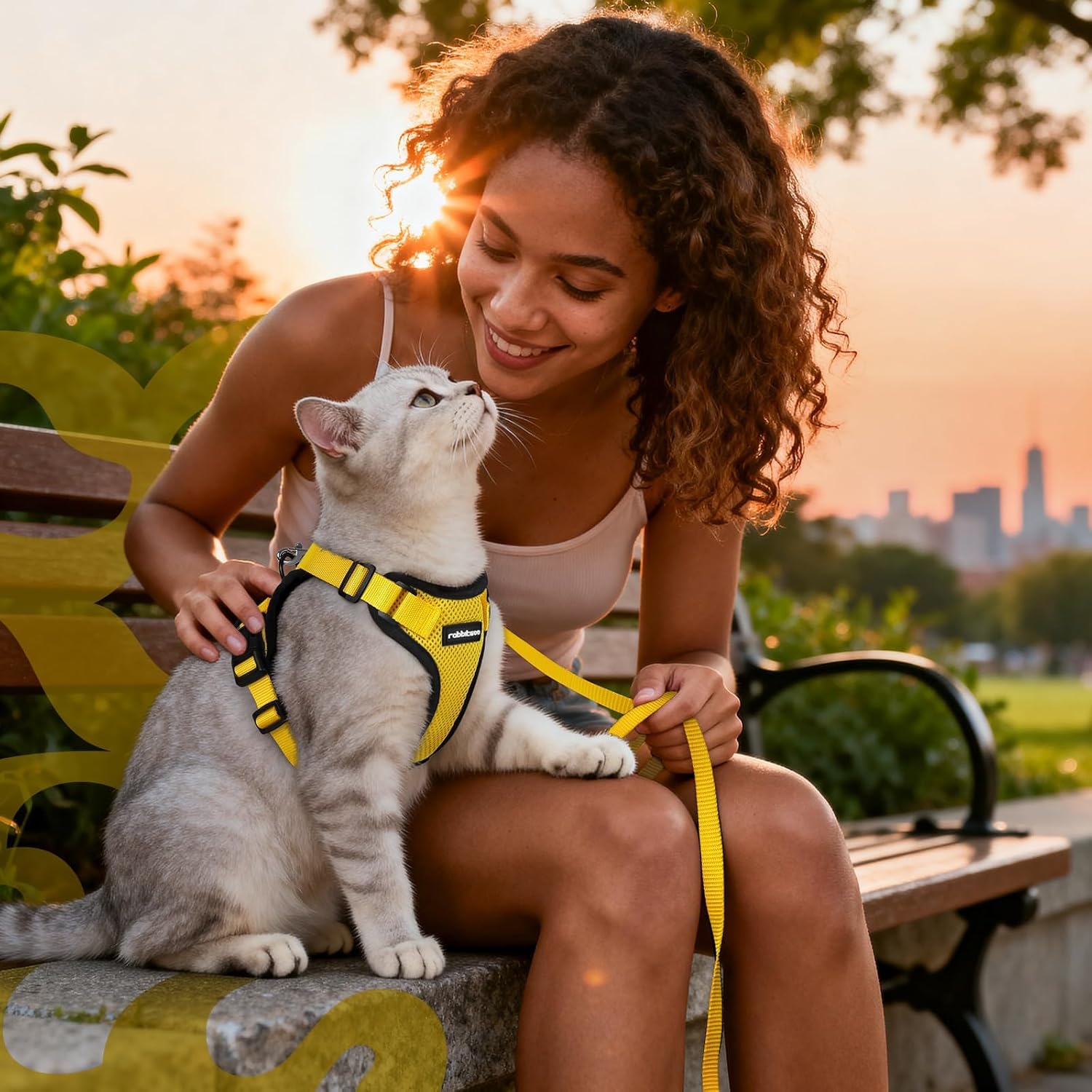 Woman sitting on a bench with a cat wearing a yellow harness and leash, city skyline in the background at Pet Servo