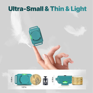 Teal device being held between a finger and thumb, with comparisons to a coin and bottle cap below at Pet Servo