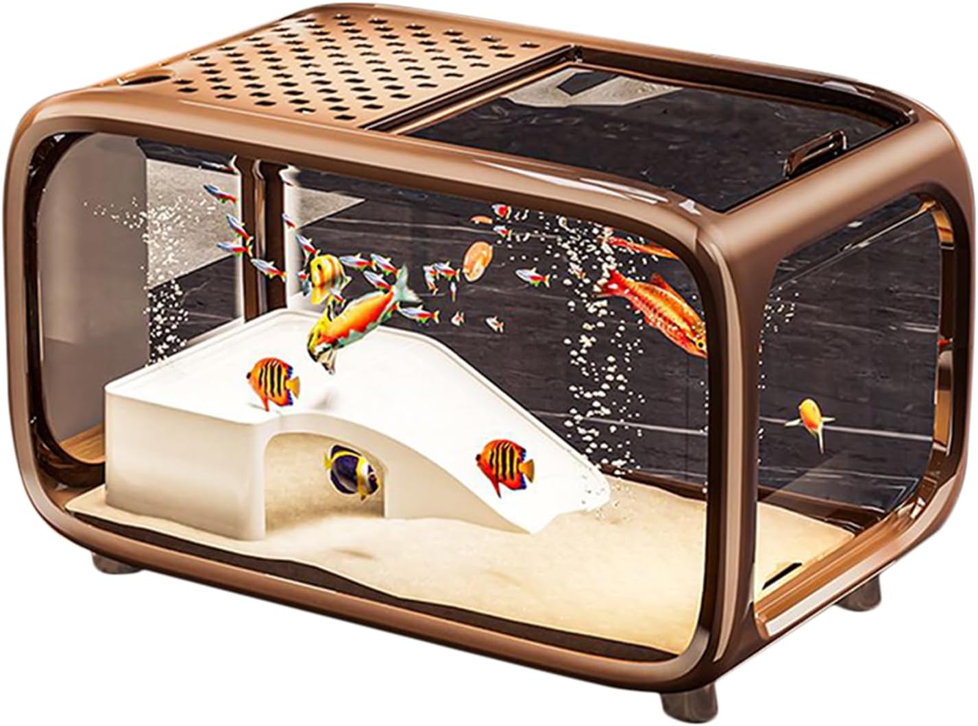 Small aquarium with fish and a slide inside a decorative box-like structure at Pet Servo