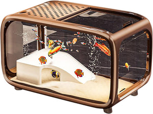 Small aquarium with fish and a slide inside a decorative box-like structure at Pet Servo