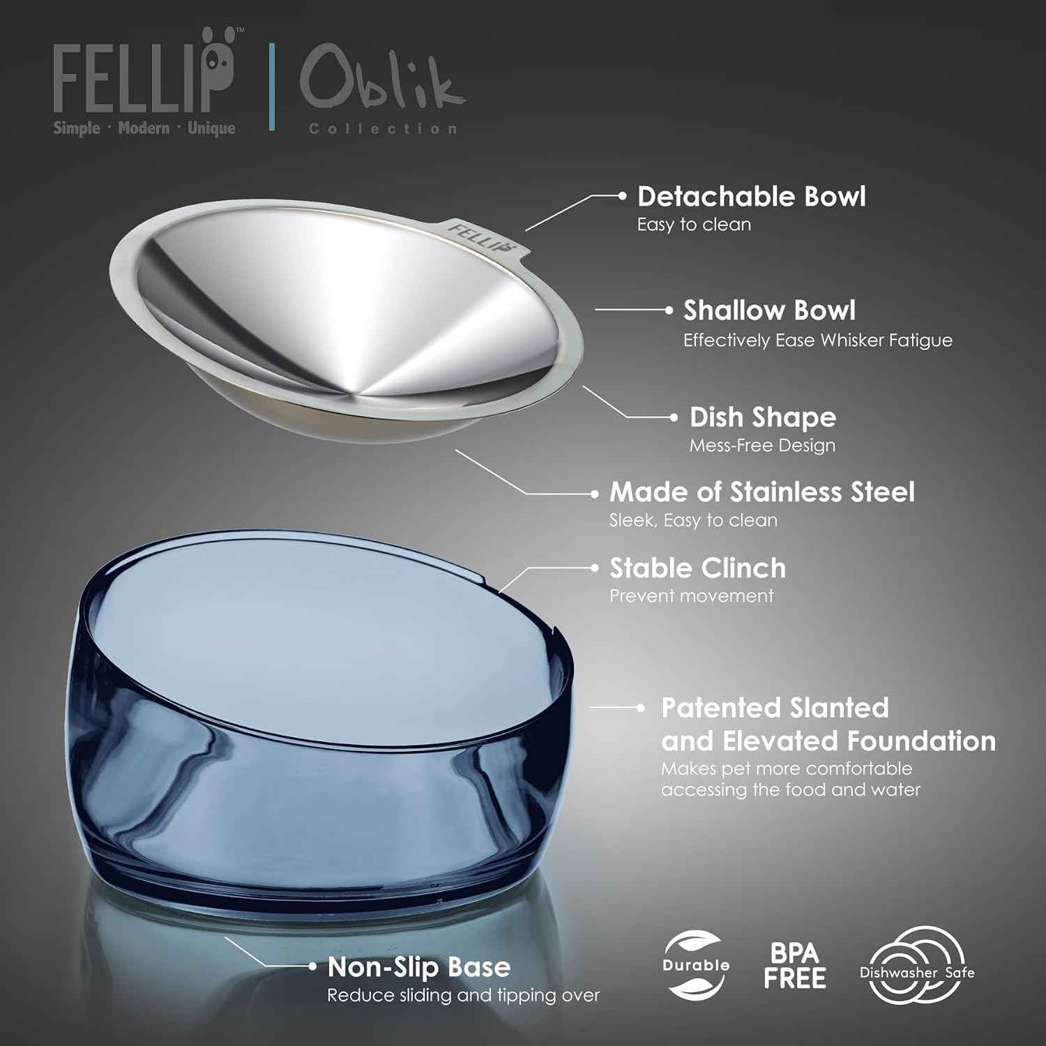 Fellip Oblik collection stainless steel and blue glass dish with callout lines and text detailing its features, including detachable bowl, shallow bowl, dish shape, made of stainless steel, stable clinch, patented slanted and elevated foundation, and non-slip base at Pet Servo