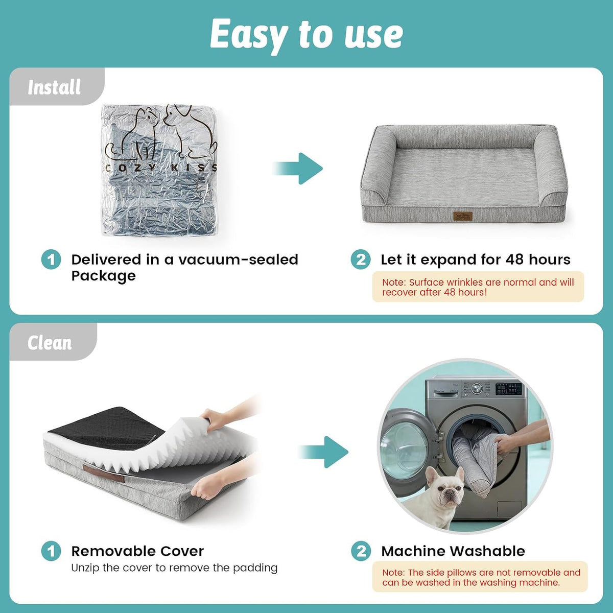 Instructions for using and cleaning a pet bed with images and text on a teal background at Pet Servo
