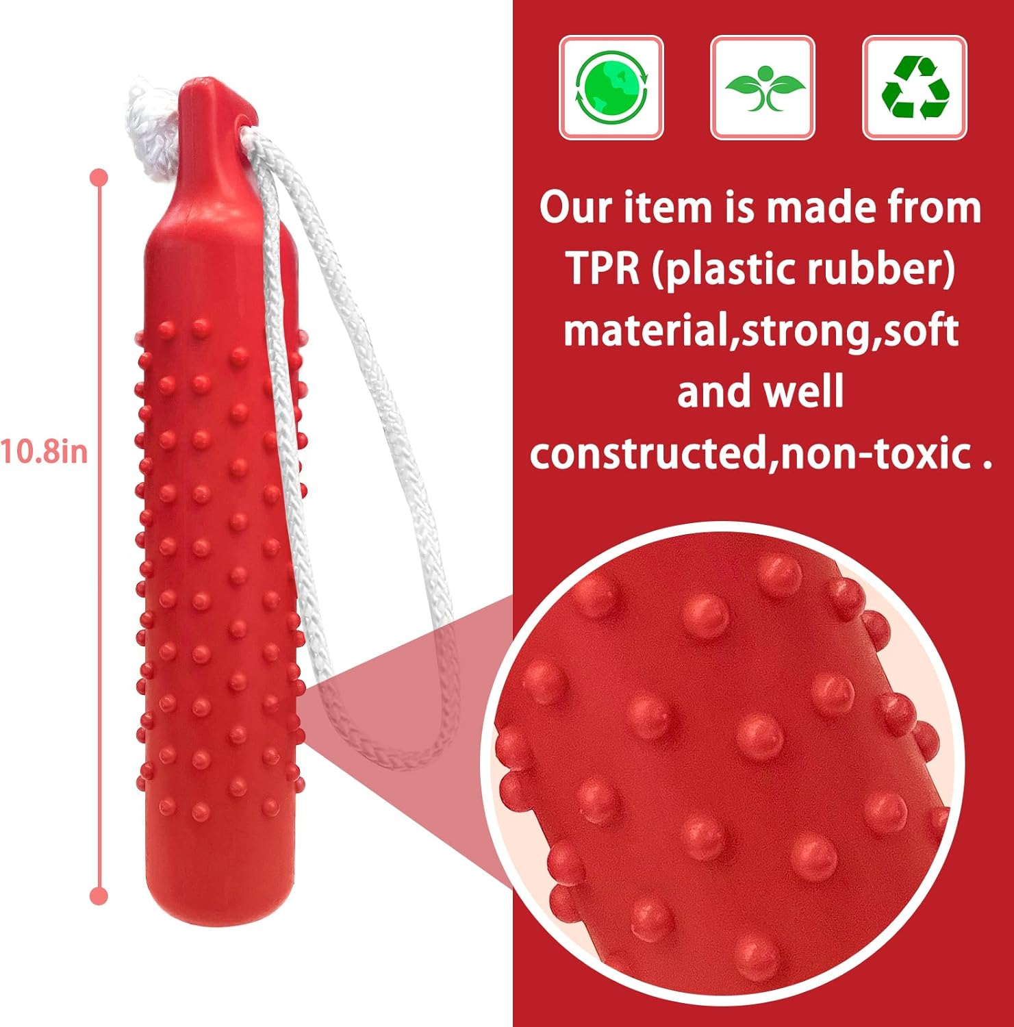 Red textured object with a rope, labeled as made from TPR material, on a red background with text at Pet Servo