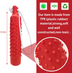 Red textured object with a rope, labeled as made from TPR material, on a red background with text at Pet Servo