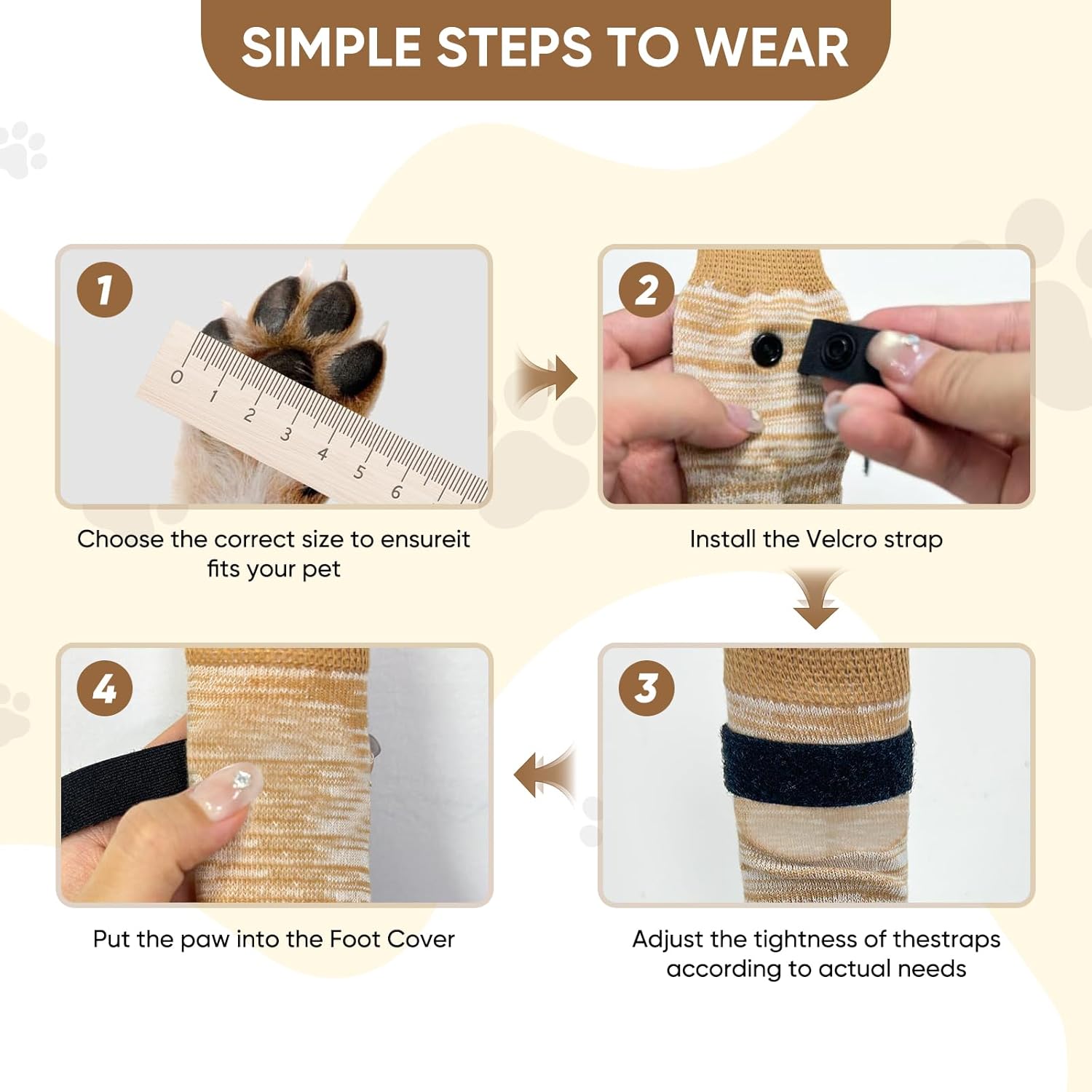 Step-by-step guide on how to wear paw covers for pets, with images and text instructions at Pet Servo