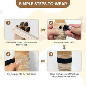 Step-by-step guide on how to wear paw covers for pets, with images and text instructions at Pet Servo