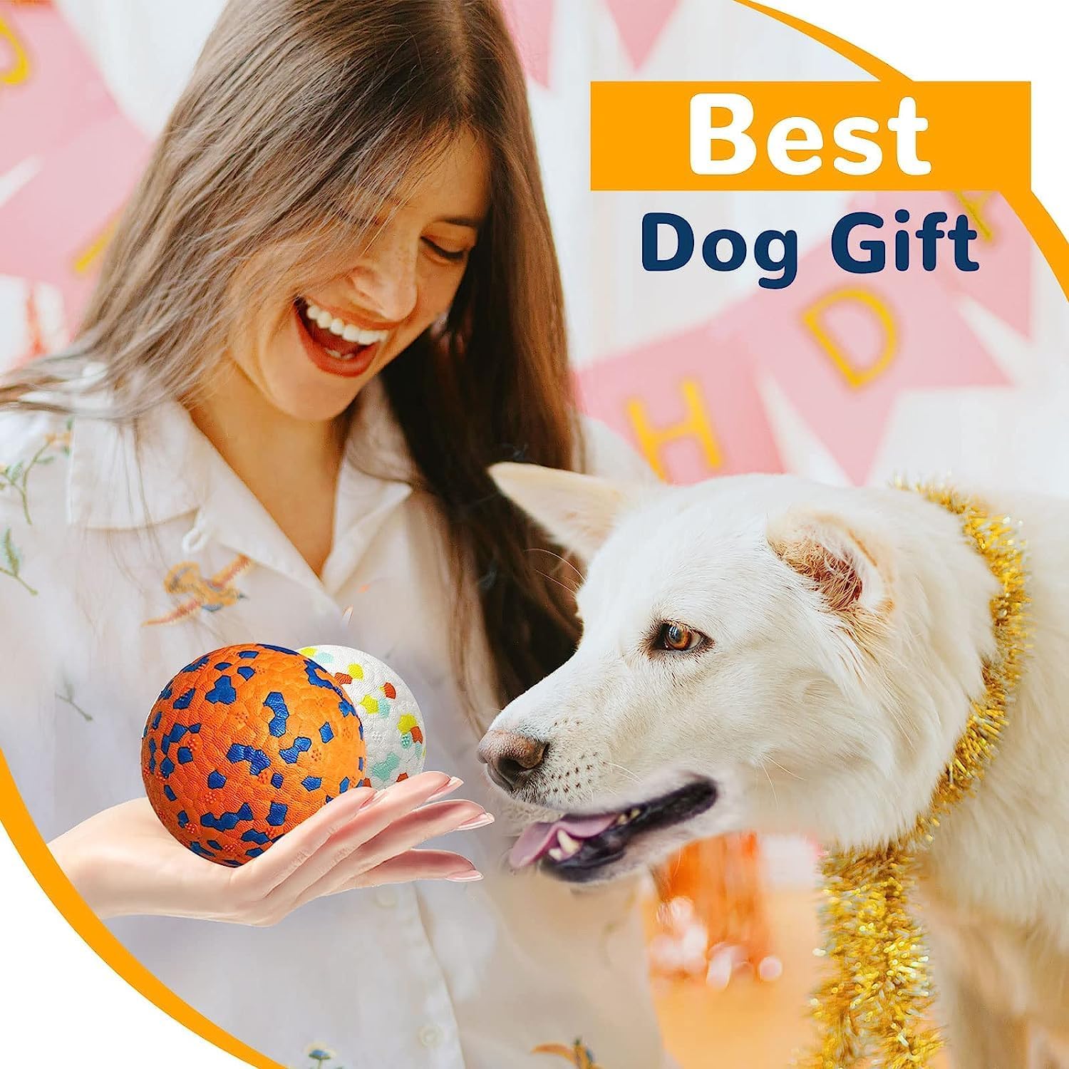 Woman holding a colorful dog toy next to a white dog with 'Best Dog Gift' text overlay at Pet Servo
