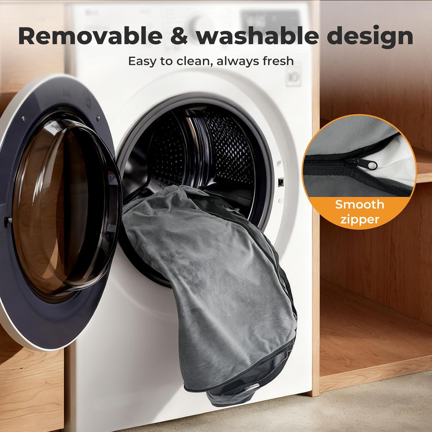 A gray laundry bag with a smooth zipper is shown being pulled out of a whitewashing machine. The image includes text reading 'Removable & washable design' and a circular inset highlighting the zipper at Pet Servo