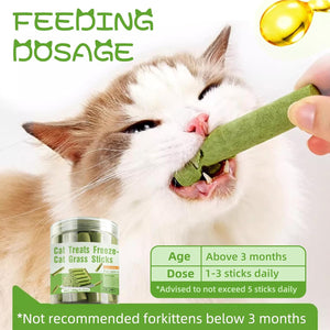 Cat eating a green treat stick with text about feeding dosage and product details at Pet Servo
