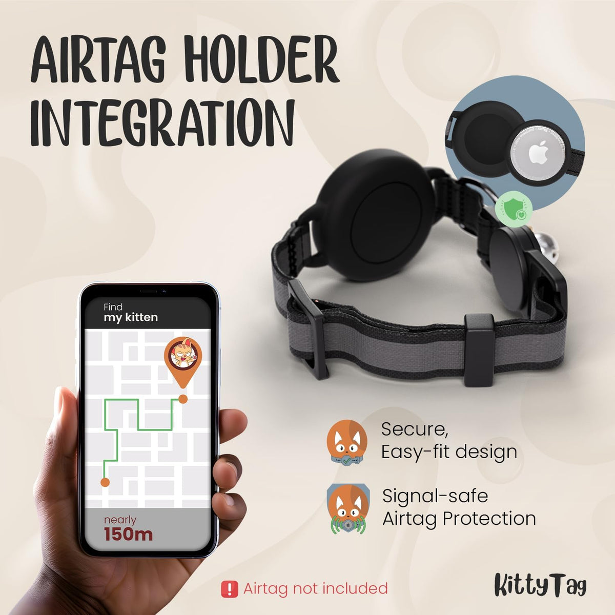 KittyTag airtag holder strap shown on a light beige background with promotional text, a phone mockup displaying a map, and an inset showing the Apple Airtag compatibility. A hand is holding the phone, so this is classified as Lifestyle under the schema rules at Pet Servo