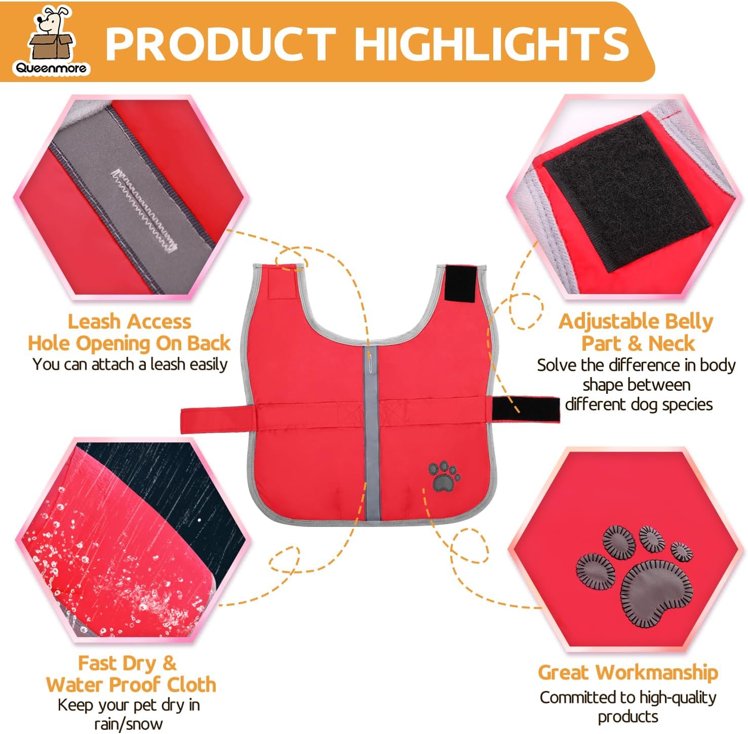 Red dog vest with features highlighted on a white background at Pet Servo