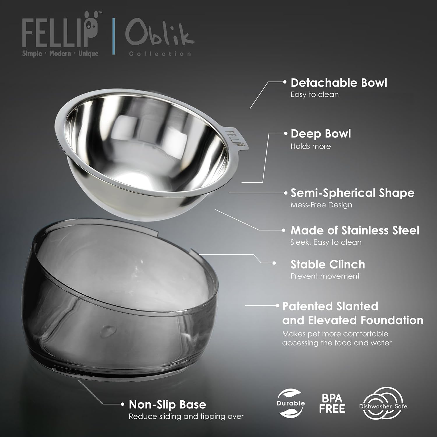 Fellik Oblik stainless steel and clear plastic feeding bowl set shown disassembled with callout lines and text listing features such as detachable bowl, deep bowl, semi-spherical shape, and non-slip base on a dark gray background at Pet Servo