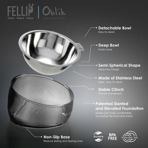 Fellik Oblik stainless steel and clear plastic feeding bowl set shown disassembled with callout lines and text listing features such as detachable bowl, deep bowl, semi-spherical shape, and non-slip base on a dark gray background at Pet Servo