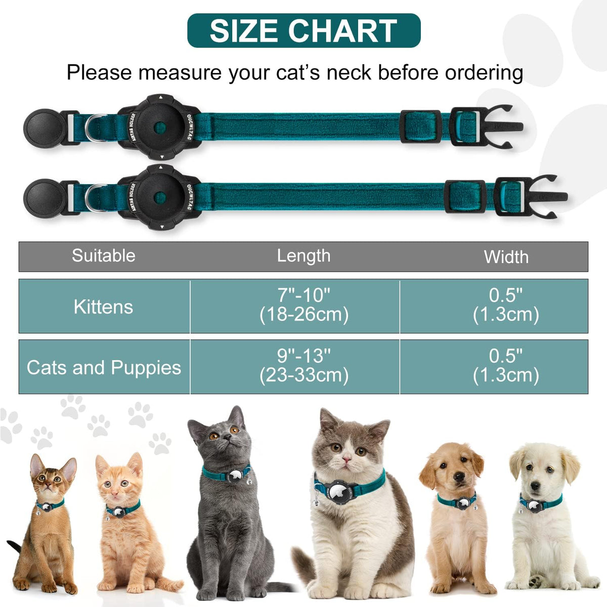 Cat collars with size chart showing suitable lengths for kittens and cats/puppies at Pet Servo