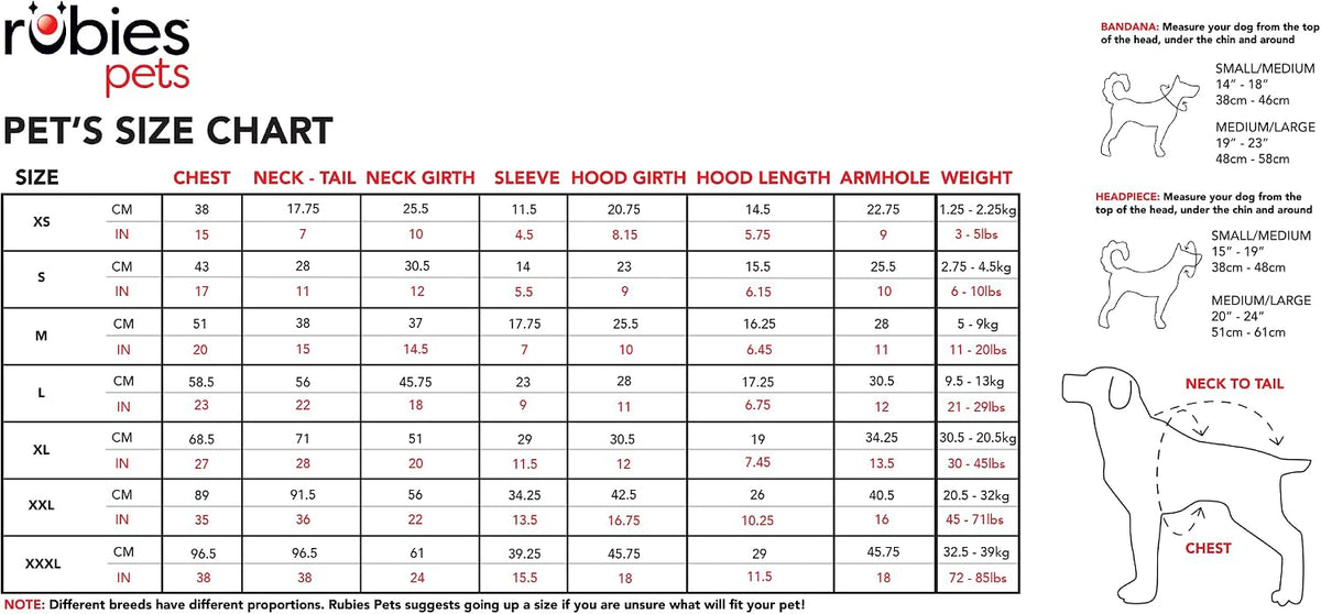 A Rubies Pets pet size chart diagram showing a size guide for dogs with a detailed measurement table from XS to XXL, plus small line drawings of dogs illustrating how to measure neck-to-tail, chest, sleeve, hood, and armhole at Pet Servo