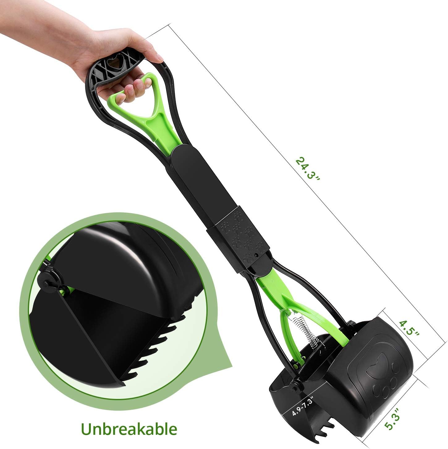 Green and black garden tool with measurements and close-up inset on a white background at Pet Servo