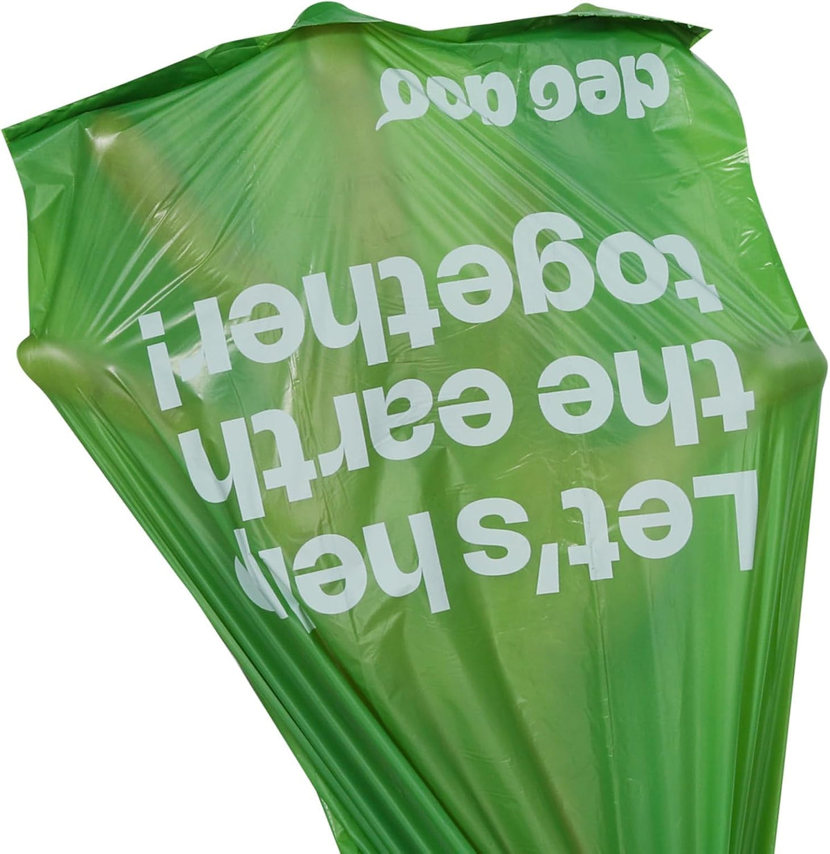 Green plastic bag with text 'Let's help the earth together' on a white background at Pet Servo