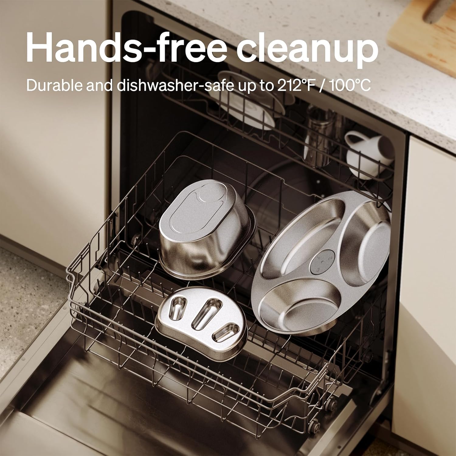 Dishwasher with stainless steel pots and pans inside, labeled 'Hands-free cleanup'.