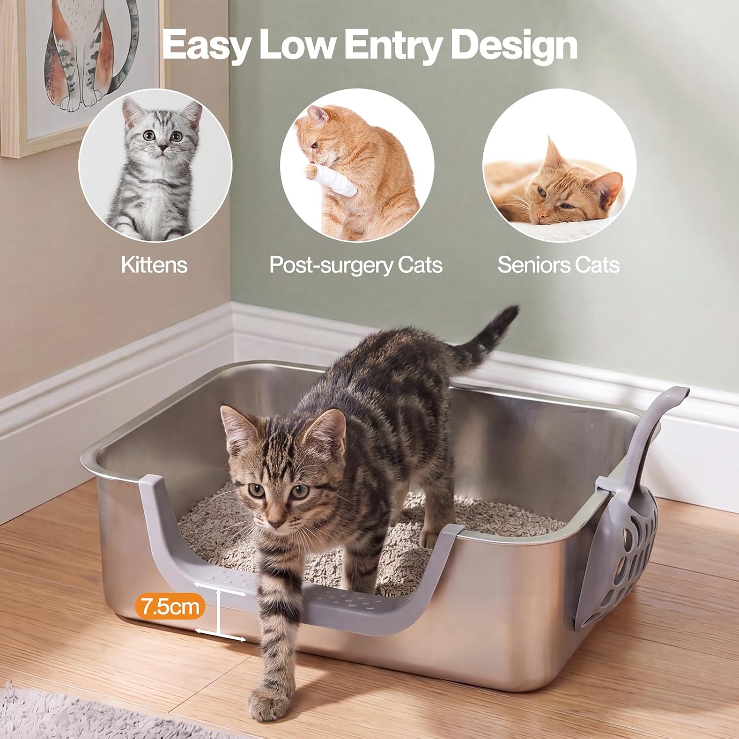 PaWz - Stainless Steel Cat Litter Box with Low Entry Easy to Clean & Odour Resistant at Pet Servo