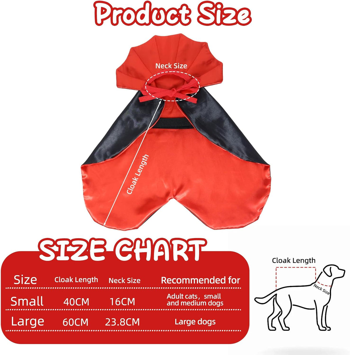 Product size chart for a small dog cloak showing a red and black dog cloak with labeled neck size and cloak length, plus size tables for small, medium, and large dogs on a white background.