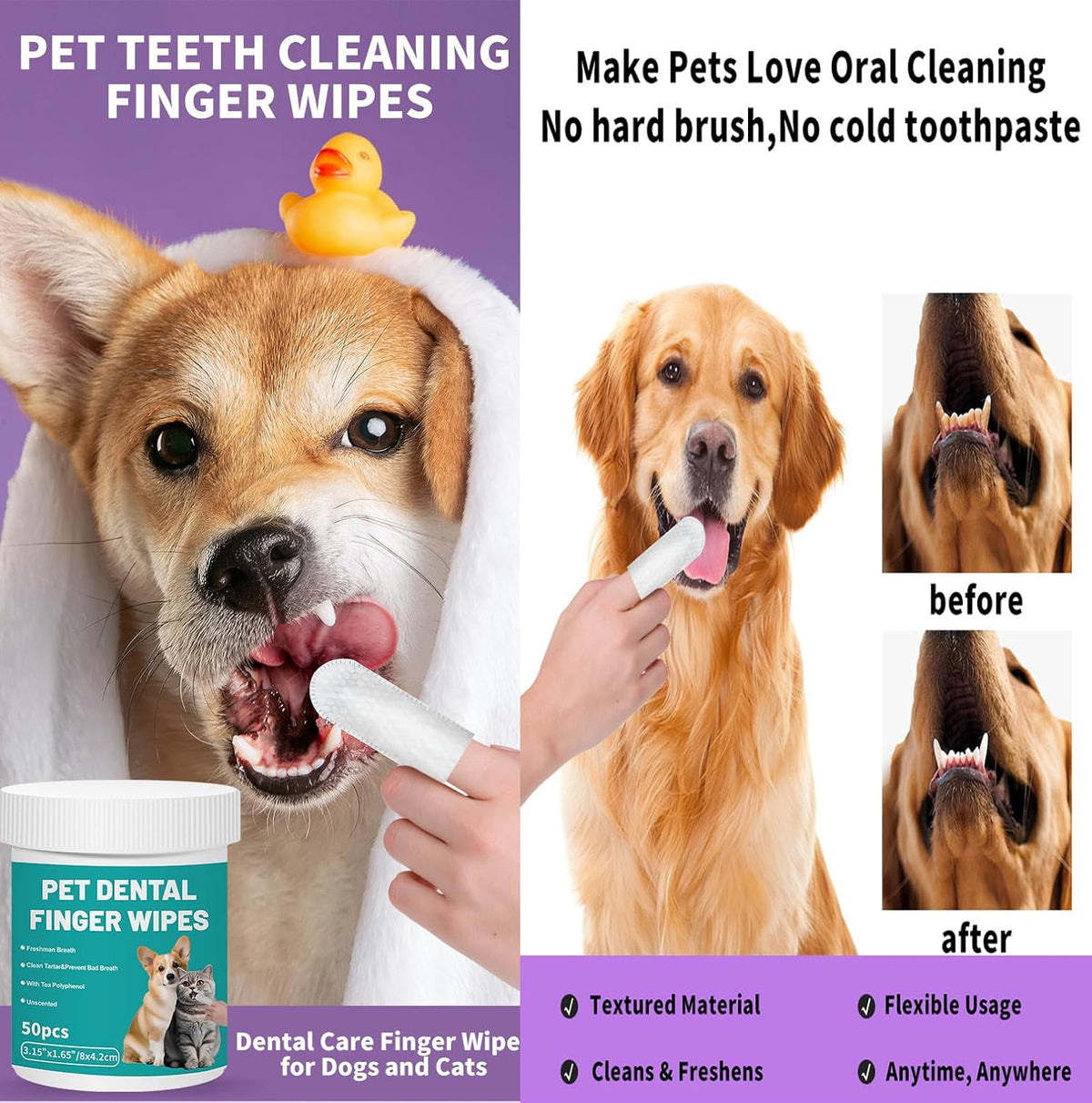 Pet dental finger wipes advertisement featuring a dog being cleaned, before/after mouth close-ups, a small yellow rubber duck, and a tub of pet dental finger wipes on a purple and white graphic background at Pet Servo