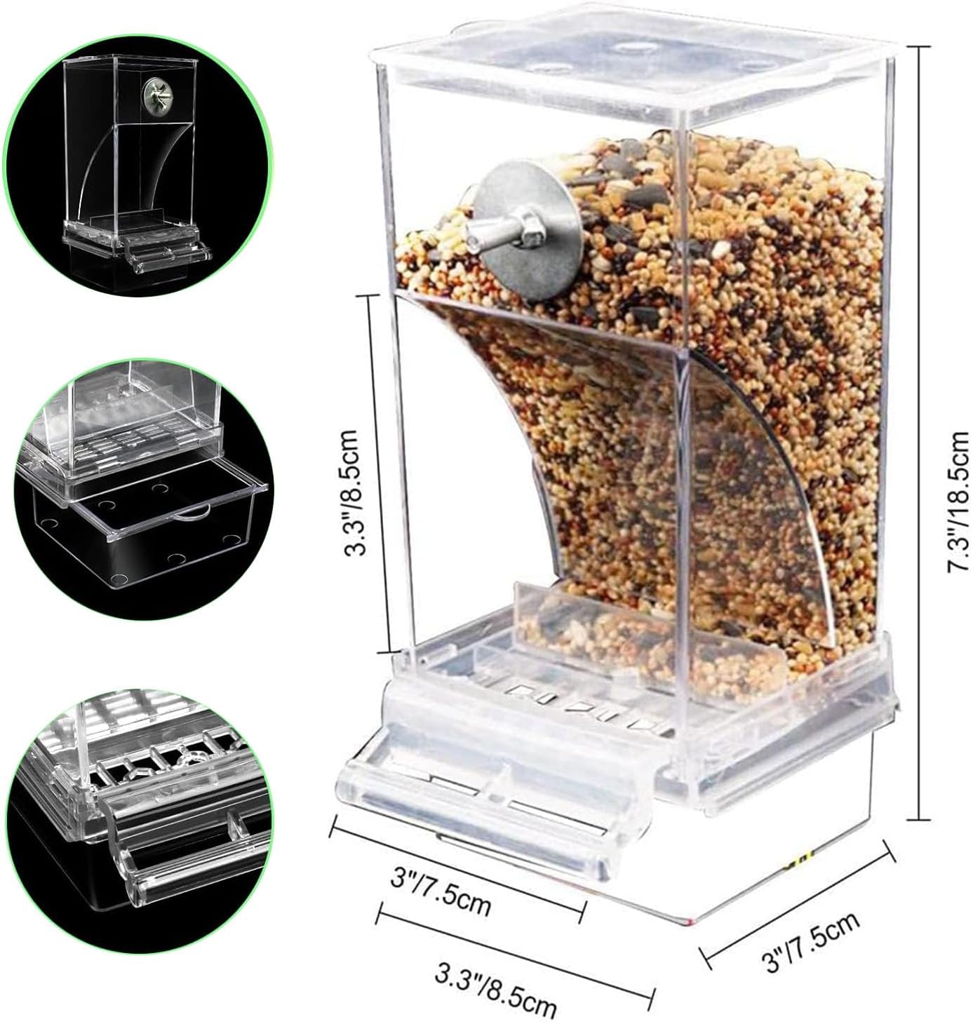 Clear bird feeder with seed filling mechanism and dimensions displayed at Pet Servo