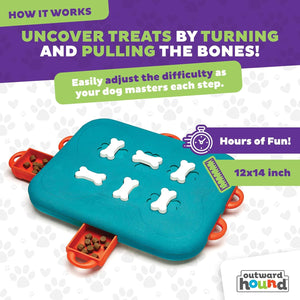 Dog puzzle toy with bones and treats, branded 'outward hound', on a white background at Pet Servo