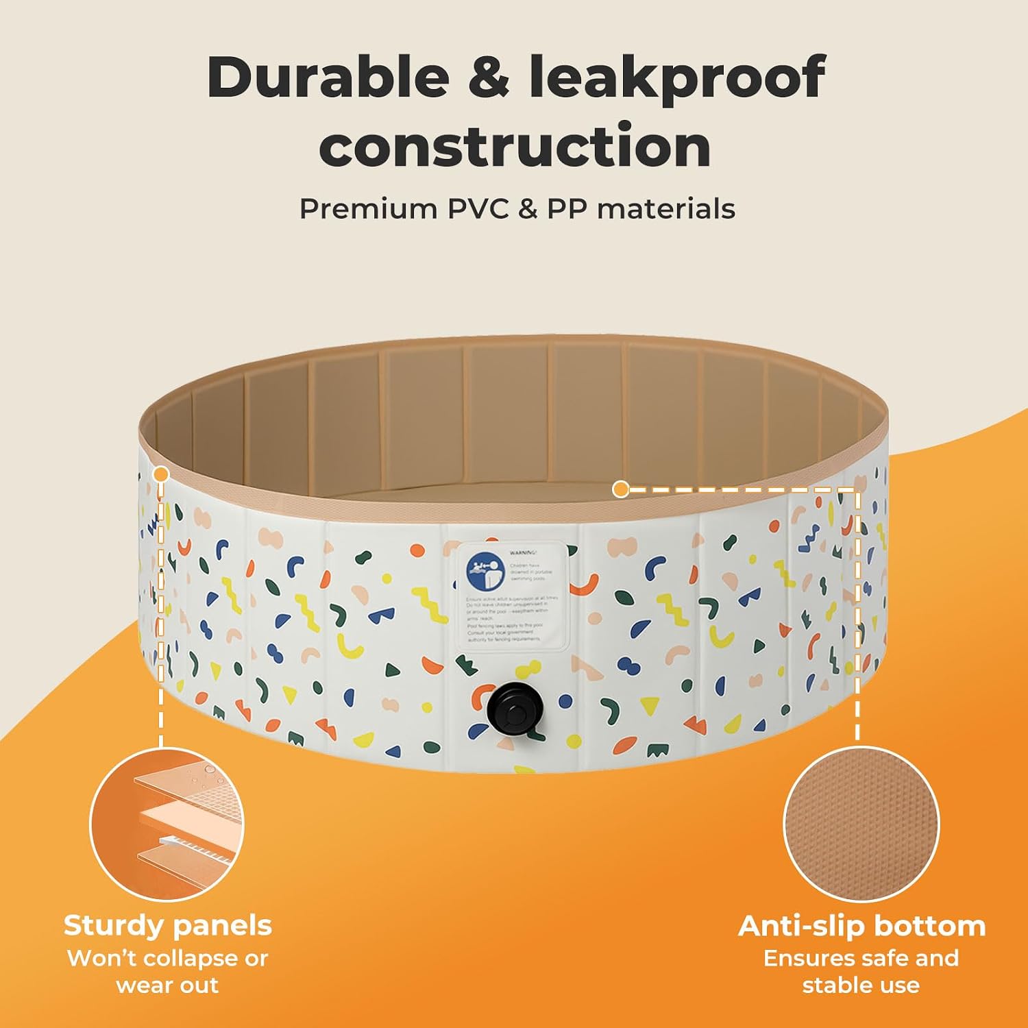 Inflatable pool with colorful pattern on a beige and orange background, highlighting durable and leakproof construction.
