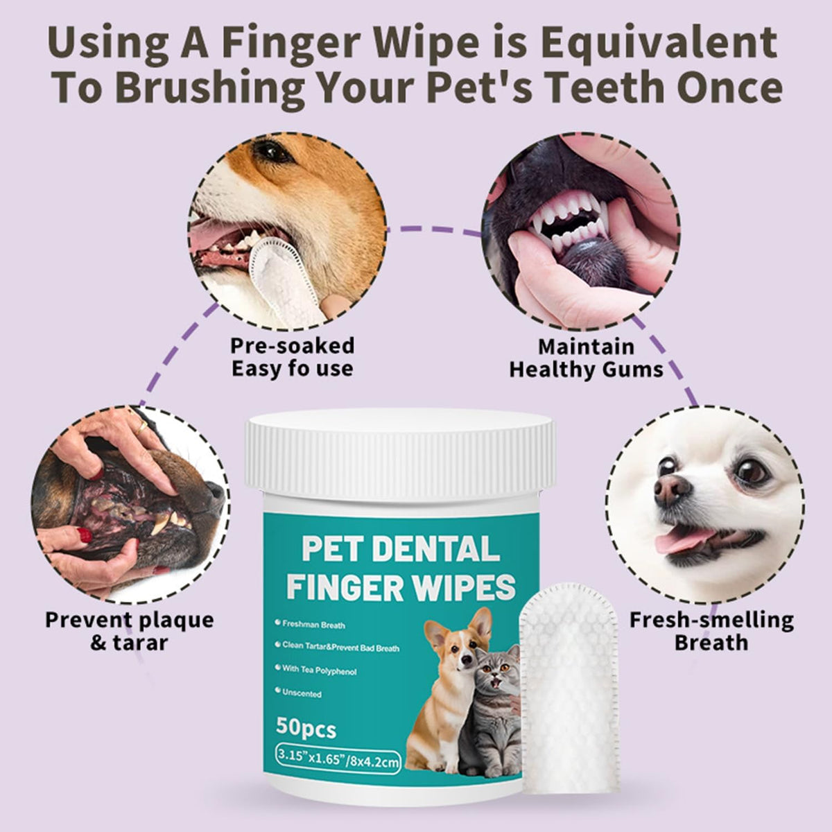 Pet dental finger wipes with benefits on a light purple background at Pet Servo