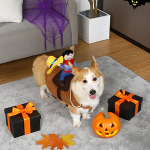 Dog in a cowboy costume with Halloween decorations in a living room at Pet Servo