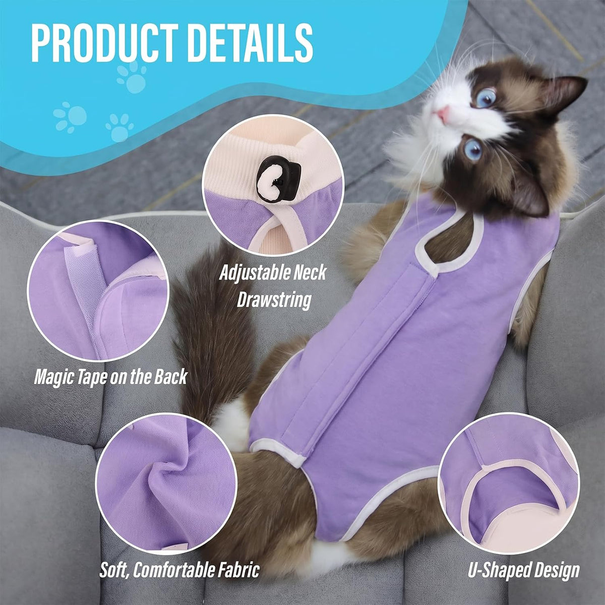 Viiotu - Soft Post-Surgery Recovery Suit for Female Cats, Purple at Pet Servo