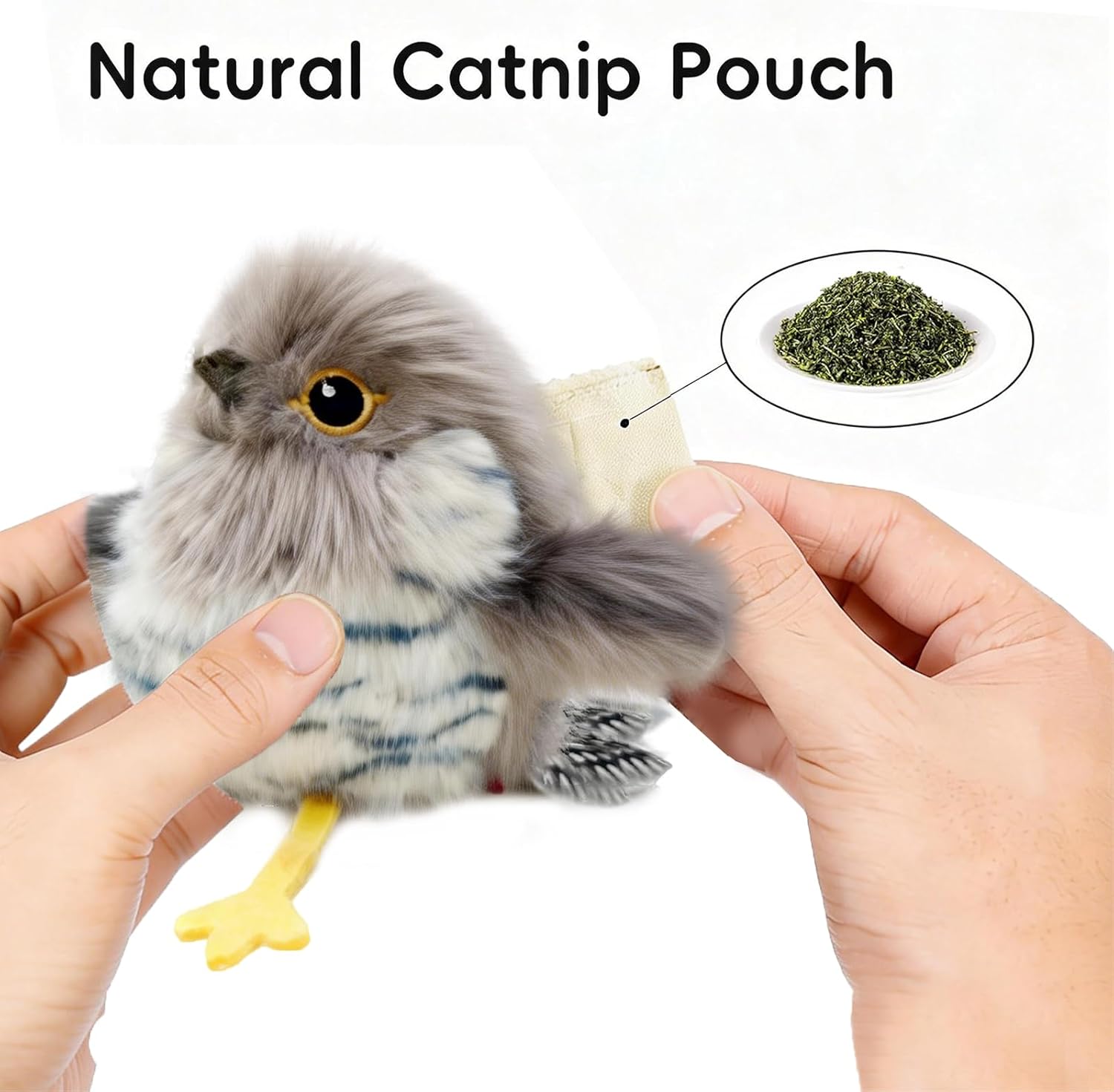 Cat toy with natural catnip pouch held by hands, showing catnip leaves at Pet Servo