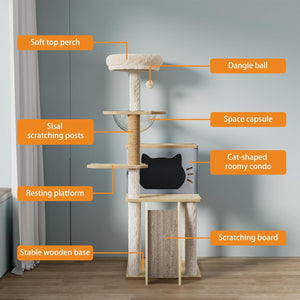 A tall cat tree with multiple platforms, sisal scratching posts, a soft top perch, a hanging ball, a small enclosed resting area, and a scratching board, shown in a room with overlaid orange callout labels pointing to each feature at Pet Servo