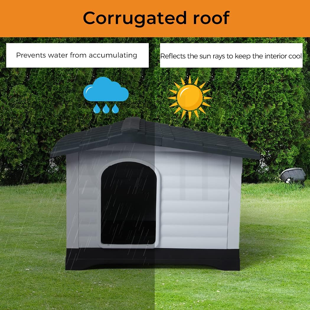 A gray and black corrugated dog house shown on a grassy lawn with a hedge background, featuring promotional text and icons about rain and sun protection at Pet Servo