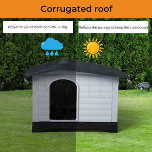 A gray and black corrugated dog house shown on a grassy lawn with a hedge background, featuring promotional text and icons about rain and sun protection at Pet Servo