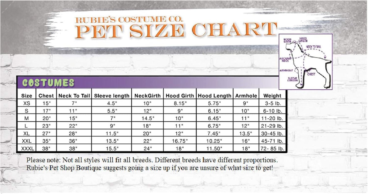 Pet size chart for costumes by Rubie's Costume Co on a gray background at Pet Servo